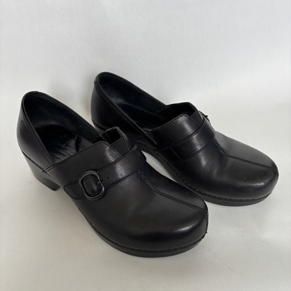 Dansko Black Buckle Mules